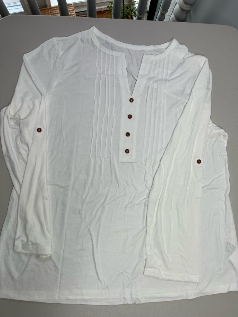 Women's Summer Pleated Button Short Sleeve T-Shirt Summer V-Neck White Tunic Top - Picture 7 of 10